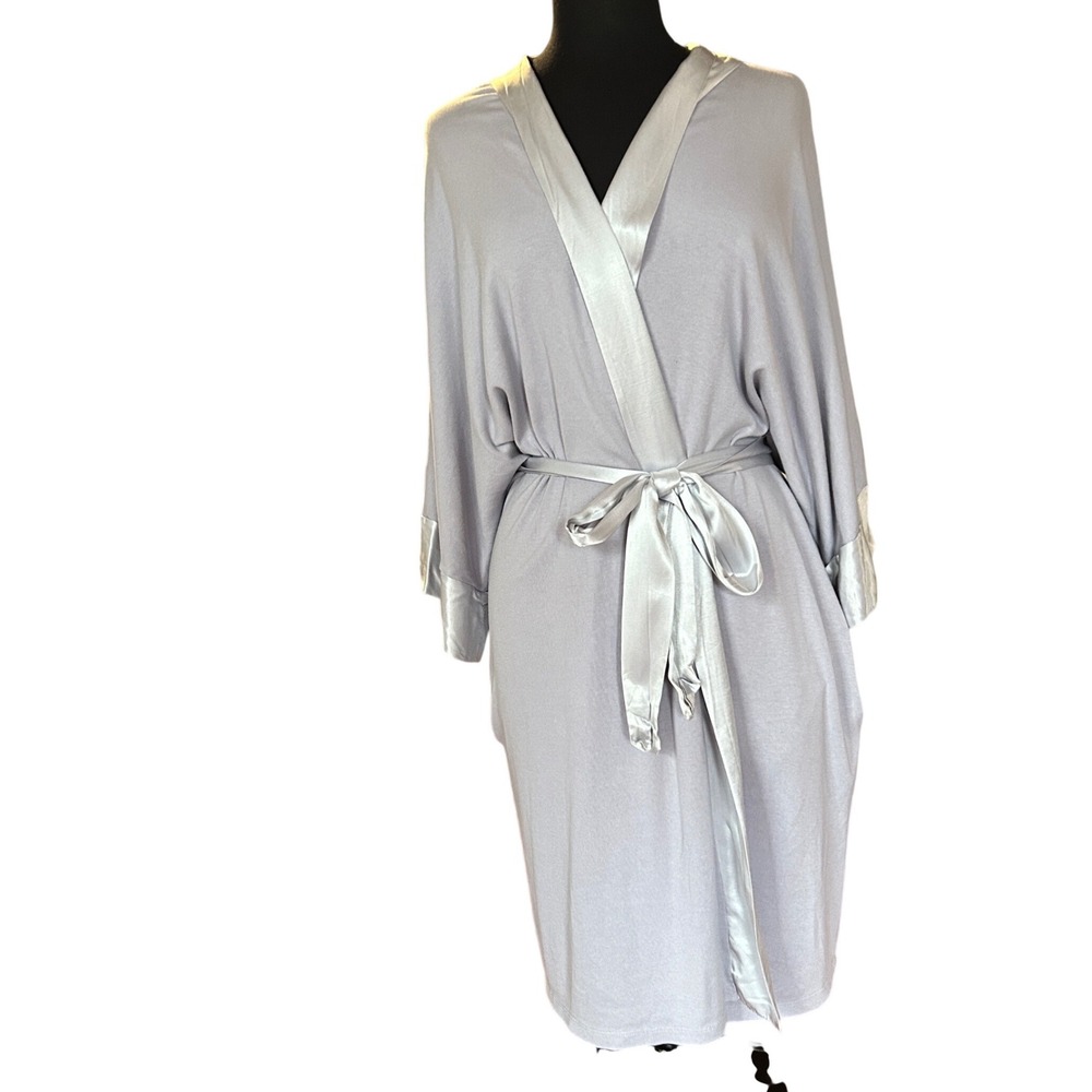 PJ Harlow Shala Robe M/L Lavender Grey Satin Trim Supima Cotton Modal Wrap Pocke